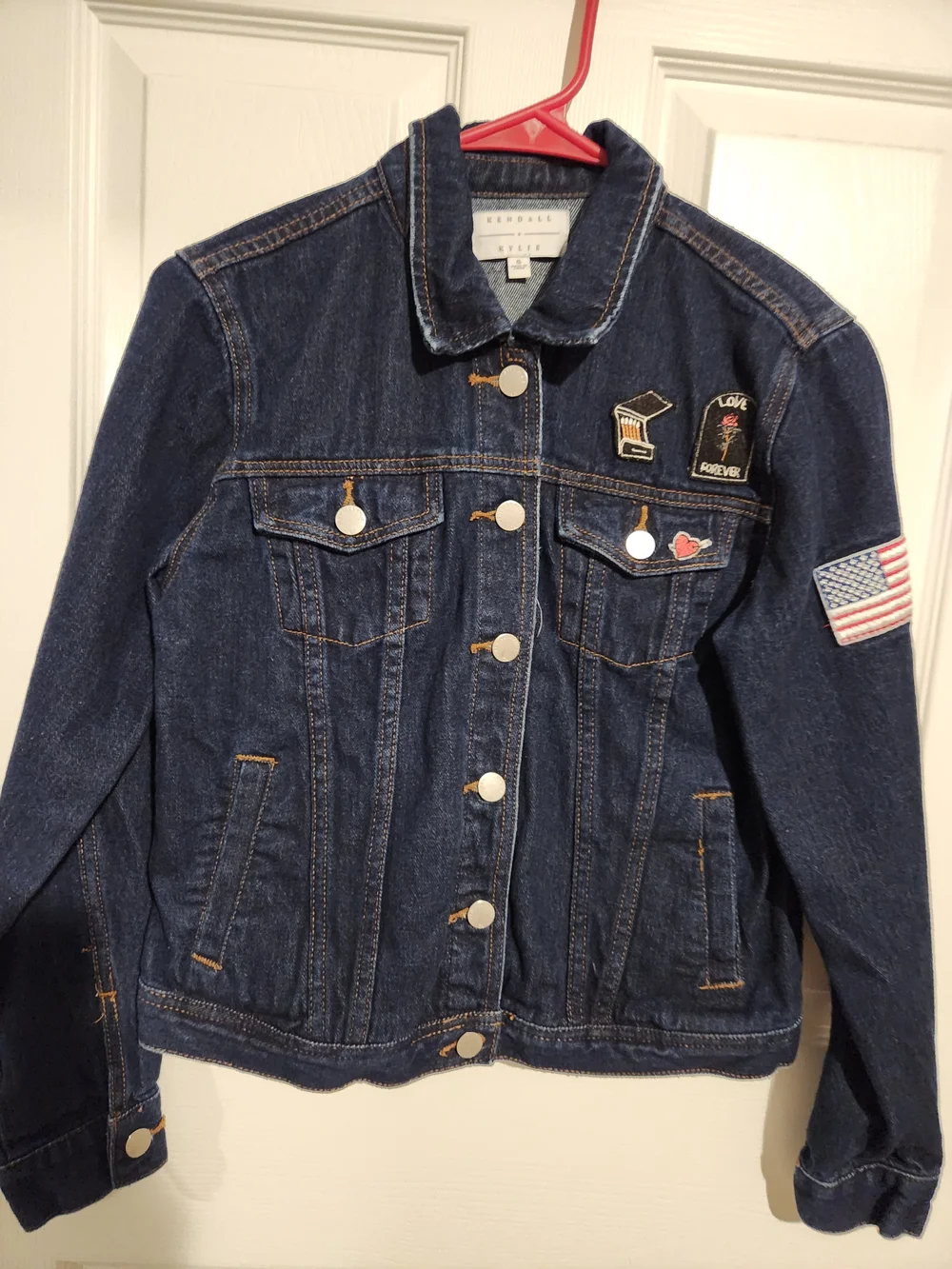 Kendall & Kylie Dark Blue Denim Jacket with Patches and Flag Sleeve
